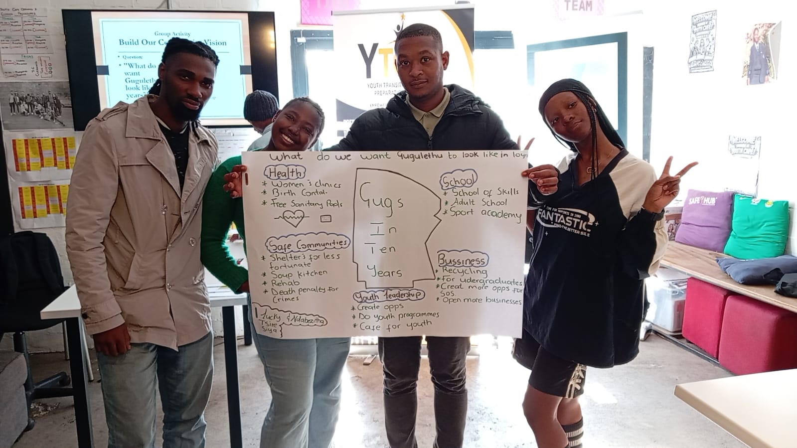 A group presenting their community vision: health, schools, safe communities, youth leadership and business.